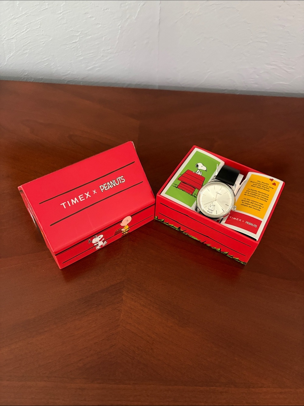 Timex Silver Snoopy Dial Watch with Black Strap and Red Peanuts Box